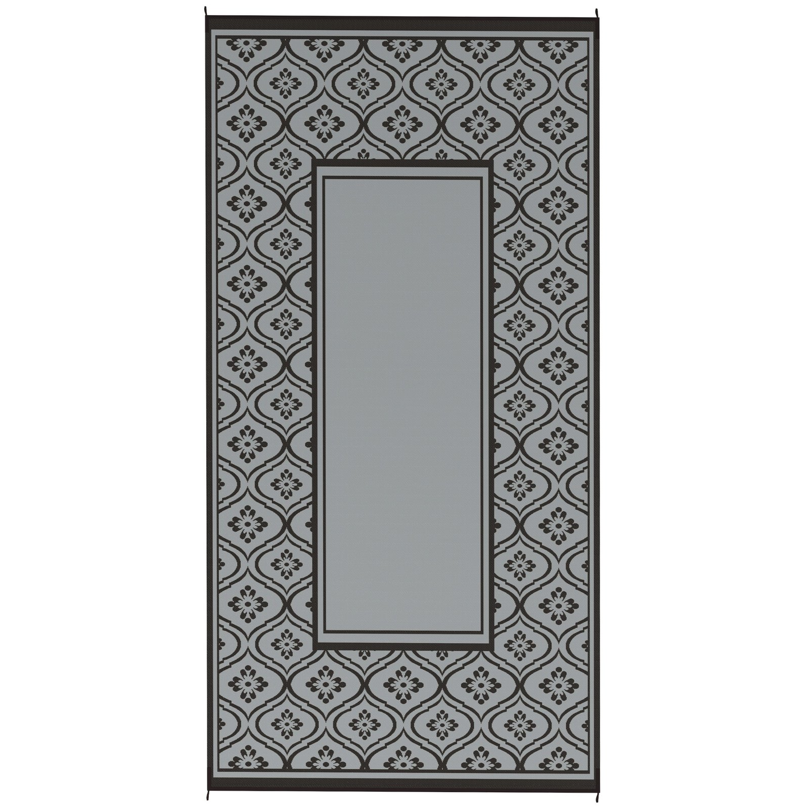 PCr2561948303eaeb.jpg Reversible Outdoor Rug, Waterproof Plastic Straw with Carry Bag, 9' x 18', Black & Gray Gourd Border - Image 1
