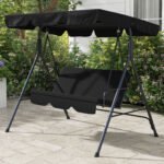 3-Seat Outdoor Patio Swing Chair w/ Cushion, Steel Frame Stand, Adjustable Tilt Canopy for Patio, Garden, Black - Image 2