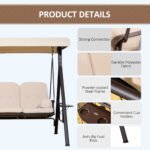 3-Seat Patio Swing Chair, Outdoor Porch Swing Glider with Adjustable Canopy, Removable Cushion, Pillows and Side Trays, for Garden, Poolside, Backyard, Beige - Image 5