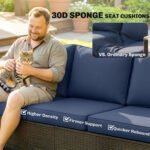 3 Seater Outdoor Couch Sofa, PE Wicker Patio Sofa, Wide Deep Seat, 4" Cushions, Wood-Effect Armrests Legs, Dark Blue - Image 5