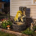 22" Outdoor Fountain with 3-Tier Puppy Theme, Resin Garden Fountain with LED Lights, Adjustable Flow, Rustic Brown - Image 2