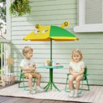 Kids Picnic Table and Chair Set, Outdoor Activity Table with Foldable Chairs, Height Adjustable Umbrella, Green - Image 2