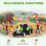 12V Ride on Tractor with Trailer, 25W Dual Motors, Battery Powered Electric Tractor with Remote Control, Music Startup Sound and Horn, LED Lights, Green - Image 6