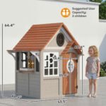 Outdoor Playhouse, Wooden Kids Playhouse with Dog Door, Cookware, Blackboard, Clock, Tic-Tac-Toe Roller for Backyard - Image 3