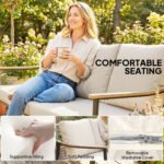 3 Seater Outdoor Patio Sofa, Outdoor Couch with Wood-Effect Armrests, Wicker Backrest, Cushions for Garden Yard, Khaki - Image 6