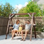 3 Seat Wooden Porch Swing with Stand, Patio Swing with Side Tables, for Garden, Poolside, Backyard, Carbonized Brown - Image 2
