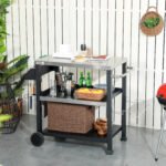 3-Shelf Outdoor Grill Cart Table with Side Handle, Stainless Steel Pizza Oven Stand on Wheels, Black - Image 2