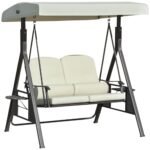2-Person Patio Swing Bench with Adjustable Shade Canopy, Soft Cushions, Throw Pillows and Tray, Beige.