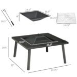 34" Fire Pit with Grill, Metal Outdoor Wood Burning Firepit with Spark Screen, Fire Poker, Cover, Table Lip, Black - Image 3