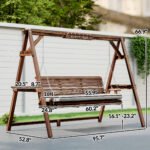 3 Seat Wooden Porch Swing with Stand, Patio Swing with Cushion, for Garden, Poolside, Backyard, Carbonized Brown - Image 3