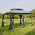 10' x 13' Outdoor Soft Top Gazebo Pergola with Curtains, 2-Tier Steel Frame Gazebo for Patio, Sage Gray - Image 2