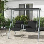 2-Seater Outdoor Porch Swing with Canopy and Table, Patio Swing Chair for Garden, Poolside, Backyard, Black - Image 2