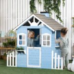 Wooden Playhouse for Kids Outdoor with Flower Pot Holders, Door, Windows, Service Stations for 3-7 Years, Blue - Image 2