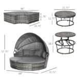 4 Piece Round Rattan Daybed, Convertible Patio Furniture Set, Adjustable Sun Canopy, Sectional Outdoor Sofa, 2 Chairs, Extending Tea Table Ottoman Chair, 3 Pillows, Gray - Image 3