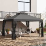 10x12 Gazebo with Shelves, Double Roof, and Netting for Outdoor Use, Perfect for Family Gatherings, Gray - Image 2