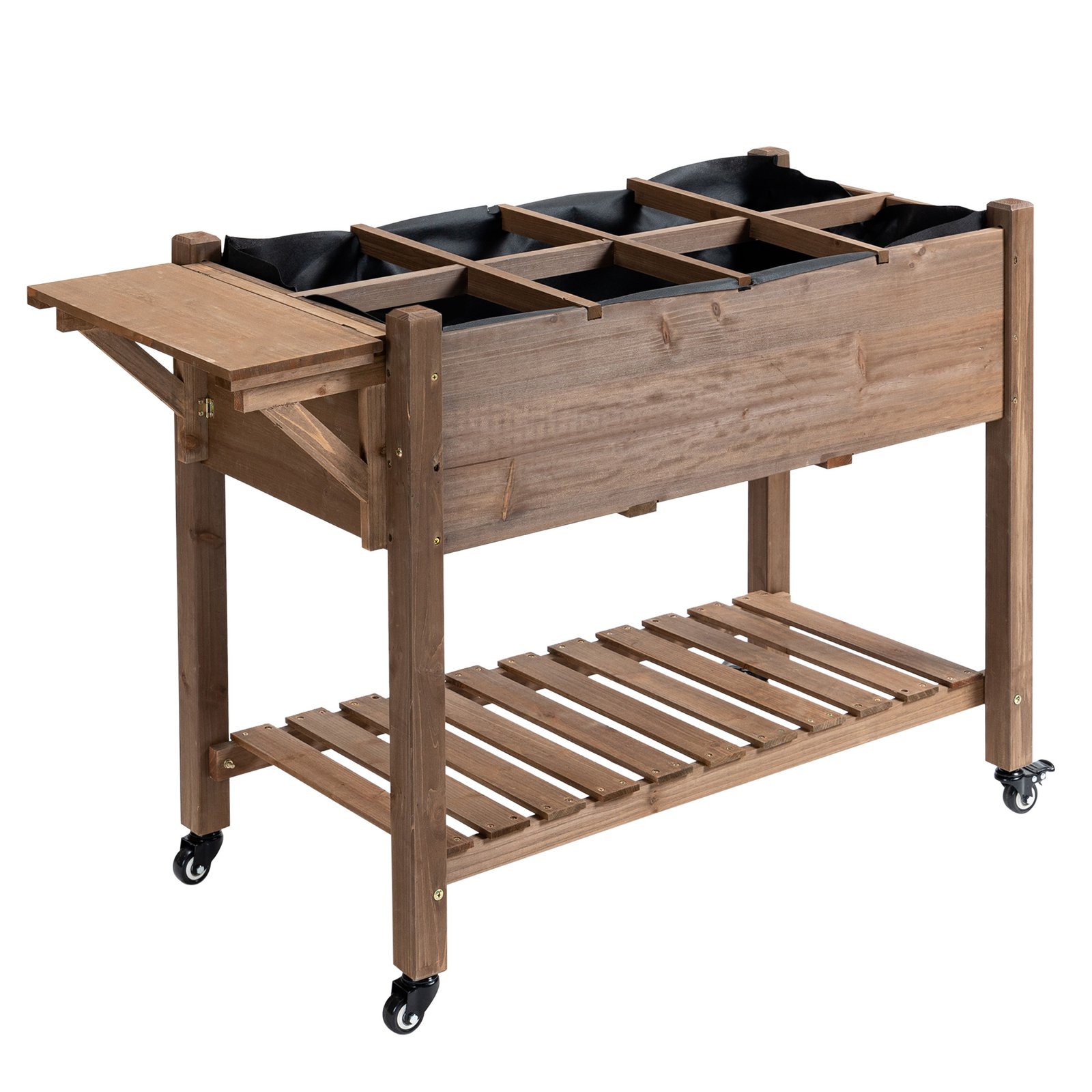 QLz26c17ed37bb0ae.jpg Wooden Garden Box, 34.25H with 8 Pockets and Lockable Wheels, Foldable Side Clapboard, Elevated and Self-Draining Design, to Grow Herbs, Vegetables, and Flowers, Brown - Image 1