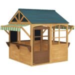 Wooden Outdoor Playhouse, Foldable Kids Cottage with Windows, Working Door, Snack Bars, Waterproof Covers, for 3-8 Years