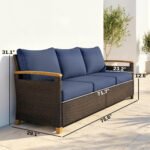 3 Seater Outdoor Couch Sofa, PE Wicker Patio Sofa, Wide Deep Seat, 4" Cushions, Wood-Effect Armrests Legs, Dark Blue - Image 3