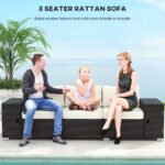 3 Seater Wicker Outdoor Couch Patio Sofa with Storage, Thickened Cushions and Wide Armrests for Porch Yard, Cream White - Image 4
