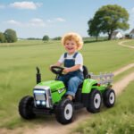 12V Ride on Tractor with Trailer, 25W Dual Motors, Battery Powered Electric Tractor with Remote Control, Music Startup Sound and Horn, LED Lights, Green - Image 2