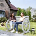 41" Wooden Wagon Wheel Bench, Rustic Outdoor Patio Bench Weather Resistance Furniture, 2-Person Slatted Seat with Backrest, Light Gray - Image 2