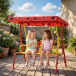 Kids Patio Swing, Adjustable Canopy Swing Glider, Kids Outdoor Swing Chair with 2 Seats, Seat-Belted Safety, Red - Image 2