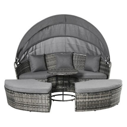 4 Piece Round Rattan Daybed with Convertible Patio Furniture Set
