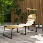 Outdoor Lounge Chair, 4 Position Adjustable Backrest, Folding, Cushioned w/ Sun Shade Roof & Pillow, Cream White - Image 2