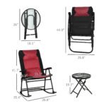 3 Piece Outdoor Patio Furniture Set with Glass Coffee Table & 2 Folding Padded Rocking Chairs, Bistro Style for Porch, Camping, Balcony, Red - Image 3