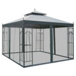 118" x 118" Steel Outdoor Patio Gazebo Canopy with Removable Mesh Curtains, Display Shelves, & Steel Frame