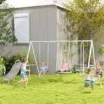 5 in 1 Kids Swing Set for Backyard with Heavy-Duty A-Frame Stand, Saucer Swing, Slide, Seesaw, Glider, Swing Seat, Gray - Image 2