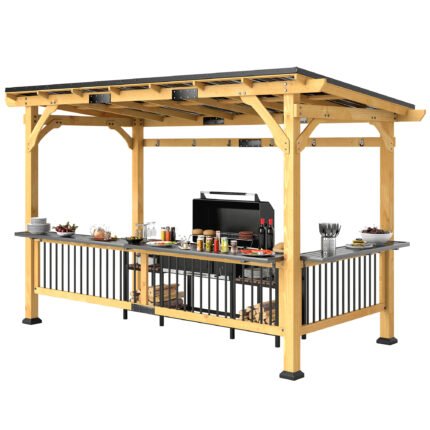 Outdoor Grill Gazebo, 13 ft x 6 ft, with Hardtop Roof, Side Shelves, Hooks and Wood Frame