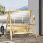 2-Seat orch Swing with Stand, Wooden Patio Swing Chair with Side Tables and Metal Chains, Outdoor Hanging Bench for Garden, Poolside, Backyard, Natural Wood - Image 2