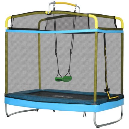 Kids 3-in-1 Trampoline with Safety Net, Swing and Gymnastics Bar, Light Blue