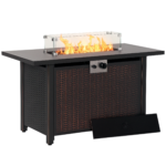 43 Inch Outdoor Propane Gas Fire Pit Table, 50,000 BTU Auto-Ignition Rectangular Wicker-effect Gas Firepit with Glass Wind Guard, Lid, Glass Beads, Steel Base, CSA Certification, Bronze