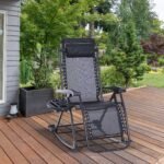 Outdoor Rocking Chairs, Foldable Reclining Zero Gravity Lounge Rocker with Pillow, Cup & Phone Holder, Combo Design with Folding Legs, Black - Image 2
