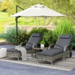 2 Reclining Chaise Lounge Chairs, Rolling Outdoor Chairs with Cushion, Pillow, Headrest, Armrests, and Wheels, Gray - Image 2