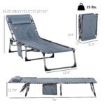 Padded Folding Chaise Lounge Chair, Outdoor 6-Level Reclining Camping Tanning Chair with Headrest for Beach, Yard, Patio, Pool, Gray - Image 3