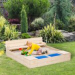 Kids Wooden Sandbox w/ Two Plastic Boxes Foldable Bench Seat Waterproof Cover Bottom Liner Storage Space - Image 2