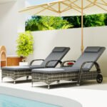 Patio Wicker Chaise Lounge Chair Set of 2 with Table, Adjustable Backrest, Wheels, Cushion & Headrest, Gray - Image 8