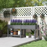 Wood Raised Garden Box, Elevated Garden Bed with Side Table, Bottom Shelf, Bed Liners and Drainage Holes, Gray - Image 2