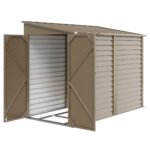 4.6' x 9' Outdoor Storage Shed, Lean to Metal Shed with Foundation Kit, Lockable Doors and Gloves for Patio, Lawn, Brown