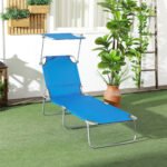 Outdoor Pool Chaise Lounge Chair, Folding Tanning Chair with Sun Shade, Blue - Image 2