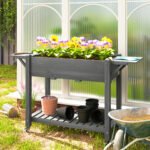 Wood Raised Planter Box, Elevated Garden Bed with Lockable Wheels, Side Tables, Bottom Shelf, Drain Holes, Gray - Image 2