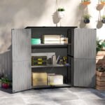 Wood Storage Shed, Outdoor Garden Shed with Asphalt Roof, 2 Shelves, Lockable Doors and Adjustable Feet, Gray - Image 2