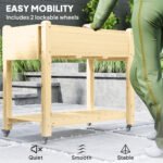 Wood Raised Planter Box, Elevated Garden Bed with Lockable Wheels, Side Tables, Bottom Shelf, Drain Holes, Natural - Image 5