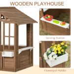 Kids Wooden Playhouse, Outdoor Garden Games Cottage with Flowers Pot Holder, Working Door, Windows, Brown - Image 5