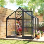 Polycarbonate Greenhouse, Heavy Duty Outdoor Aluminum Walk-in Green House Kit Vent Door, 6.2'x6.2'x6.6' Gray - Image 2