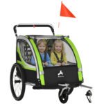 3-in-1 Bike Trailer for Kids, Running Stroller with 2 Seats, Jogging Cart with 5-Point Harness, Storage Units, Green