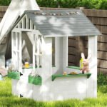 Kids Wooden Playhouse, Outdoor Garden Games Cottage with Flowers Pot Holder, Working Door, Windows, White - Image 7